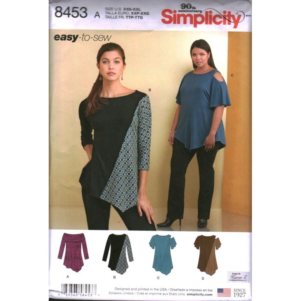 Simplicity 8453 Misses Knit Tops Sewing Pattern XXS-XXL Asymmetric Hem Karen Z